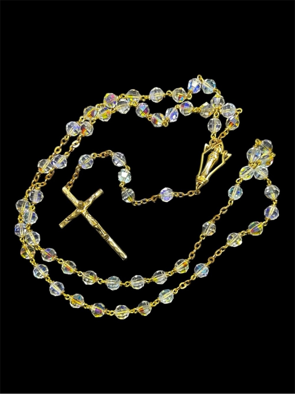 Vintage Gold Rosary Necklace with AB Cut Crystal Beads